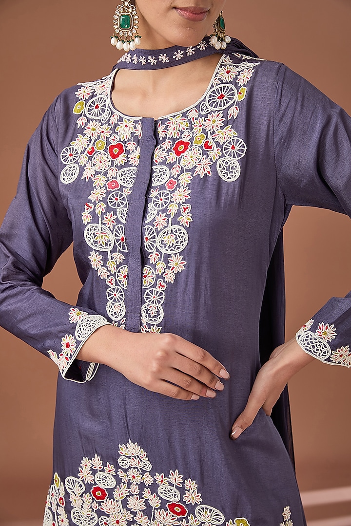 Blue Bemberg Silk Thread Embroidered High-Low Kurta Set by Baidehi at Pernia's Pop Up Shop