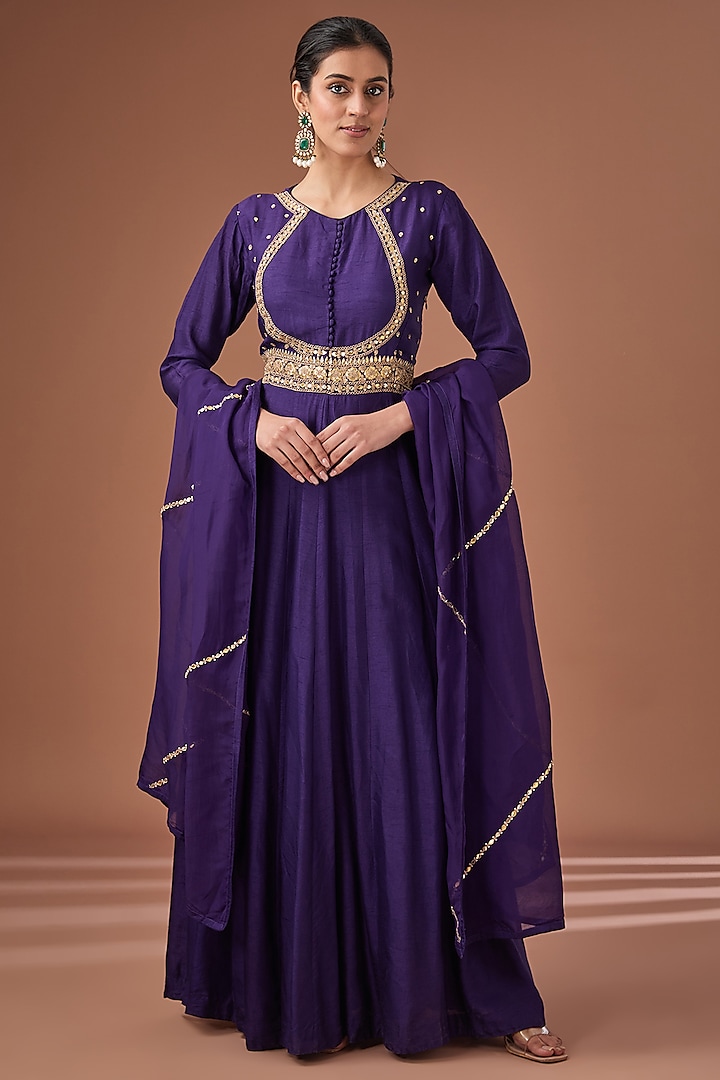 Purple Bemberg Silk Gota Patti & Sequins Embroidered Anarkali Set by Baidehi