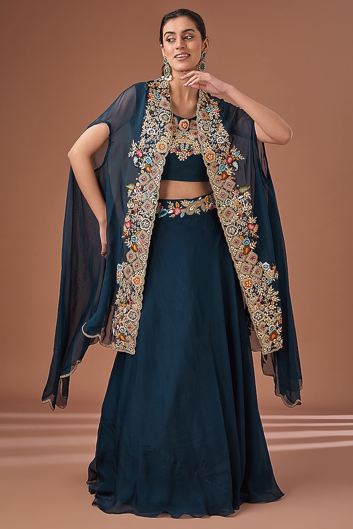 Blue Organza & Bamberg Silk Sequins Embroidered Jacket Wedding Lehenga Set by Baidehi at Pernia's Pop Up Shop