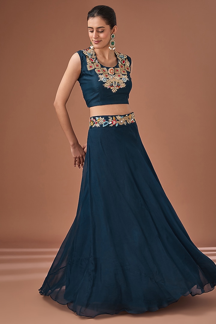 Blue Organza & Bamberg Silk Sequins Embroidered Jacket Wedding Lehenga Set by Baidehi at Pernia's Pop Up Shop
