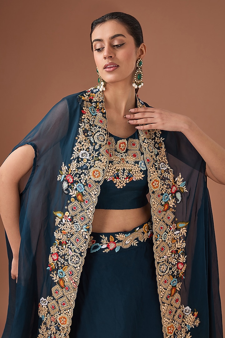 Blue Organza & Bamberg Silk Sequins Embroidered Jacket Wedding Lehenga Set by Baidehi at Pernia's Pop Up Shop