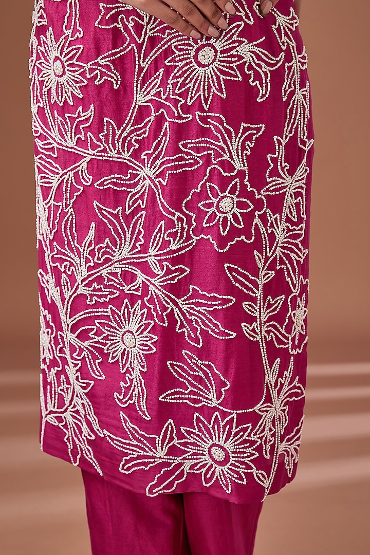 Onion Pink Chanderi Pearl & Bead Embroidered Straight Kurta Set by Baidehi at Pernia's Pop Up Shop