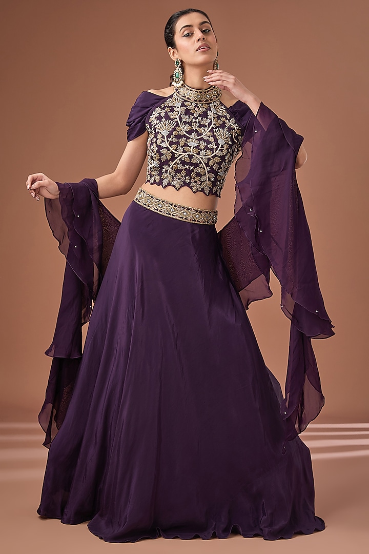 Purple Crepe Cutdana & Sequins Embroidered Lehenga Set by Baidehi at Pernia's Pop Up Shop