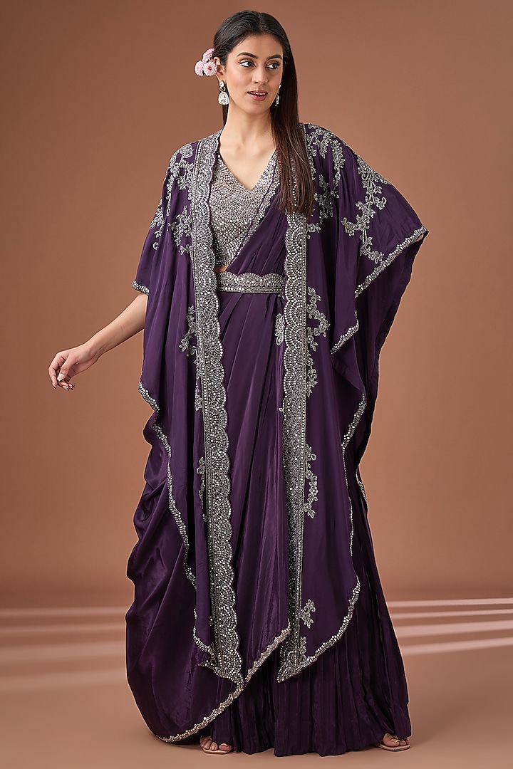 Purple Crepe Zari & Mirror Embroidered Draped Jacket Wedding Lehenga Set by Baidehi at Pernia's Pop Up Shop