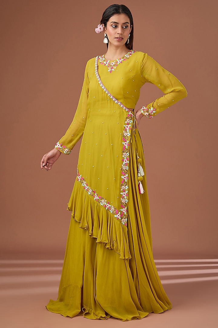 Mustard Yellow Georgette Cutdana & Sequins Embroidered Draped Lehenga Set by Baidehi at Pernia's Pop Up Shop