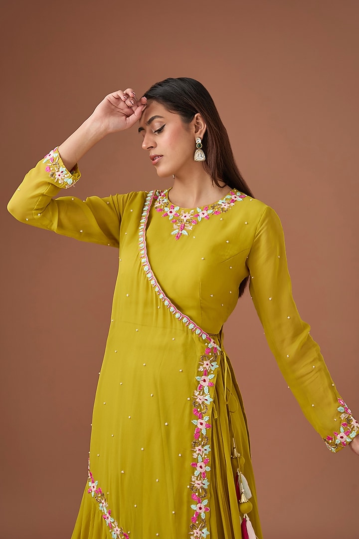 Mustard Yellow Georgette Cutdana & Sequins Embroidered Draped Lehenga Set by Baidehi at Pernia's Pop Up Shop
