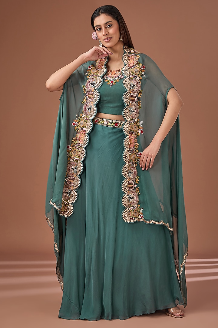 Green Organza & Bamberg Silk Dori & Sequins Embroidered Jacket Wedding Lehenga Set by Baidehi at Pernia's Pop Up Shop