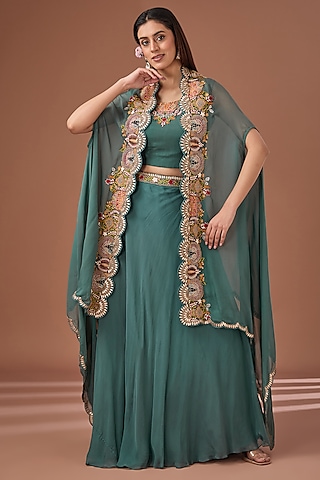 Green Organza & Bamberg Silk Dori & Sequins Embroidered Jacket Lehenga Set by Baidehi