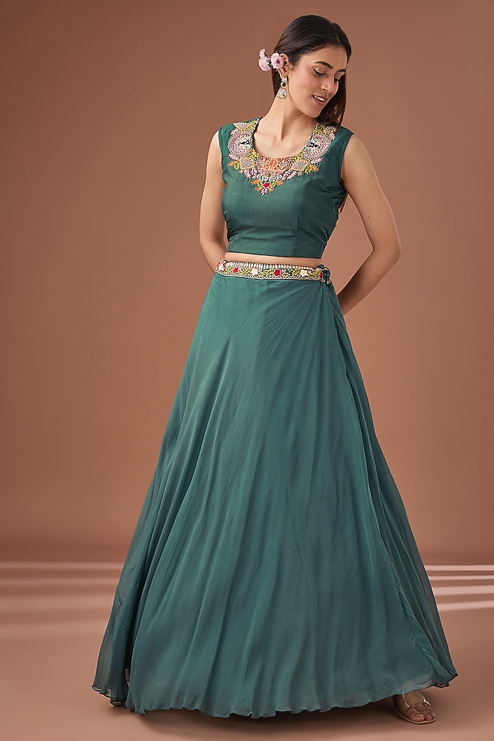 Green Organza & Bamberg Silk Dori & Sequins Embroidered Jacket Wedding Lehenga Set by Baidehi at Pernia's Pop Up Shop