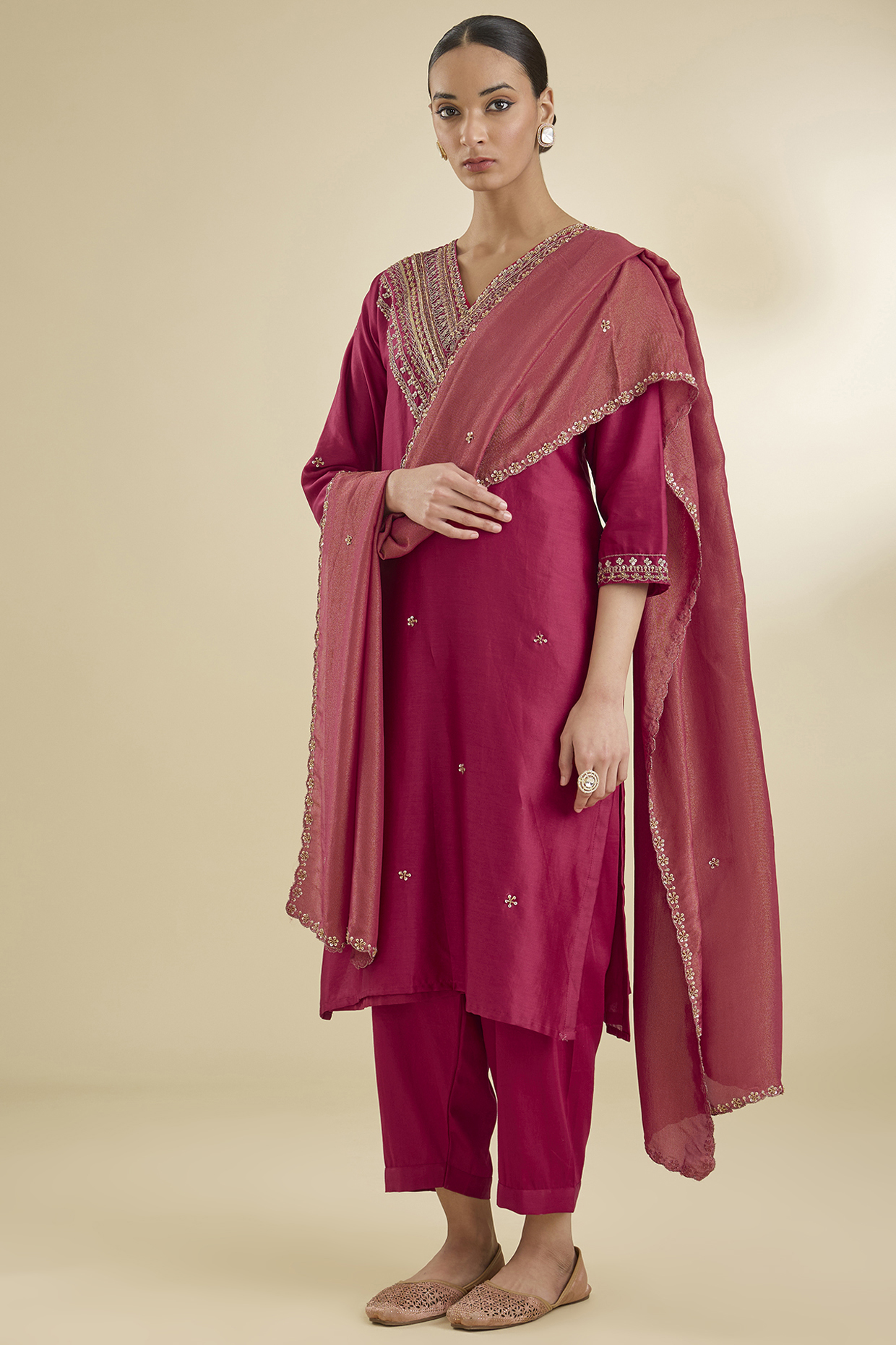 Maroon Chanderi Silk Pearl & Zari Embroidered Kurta Set by Baidehi at Pernia's Pop Up Shop
