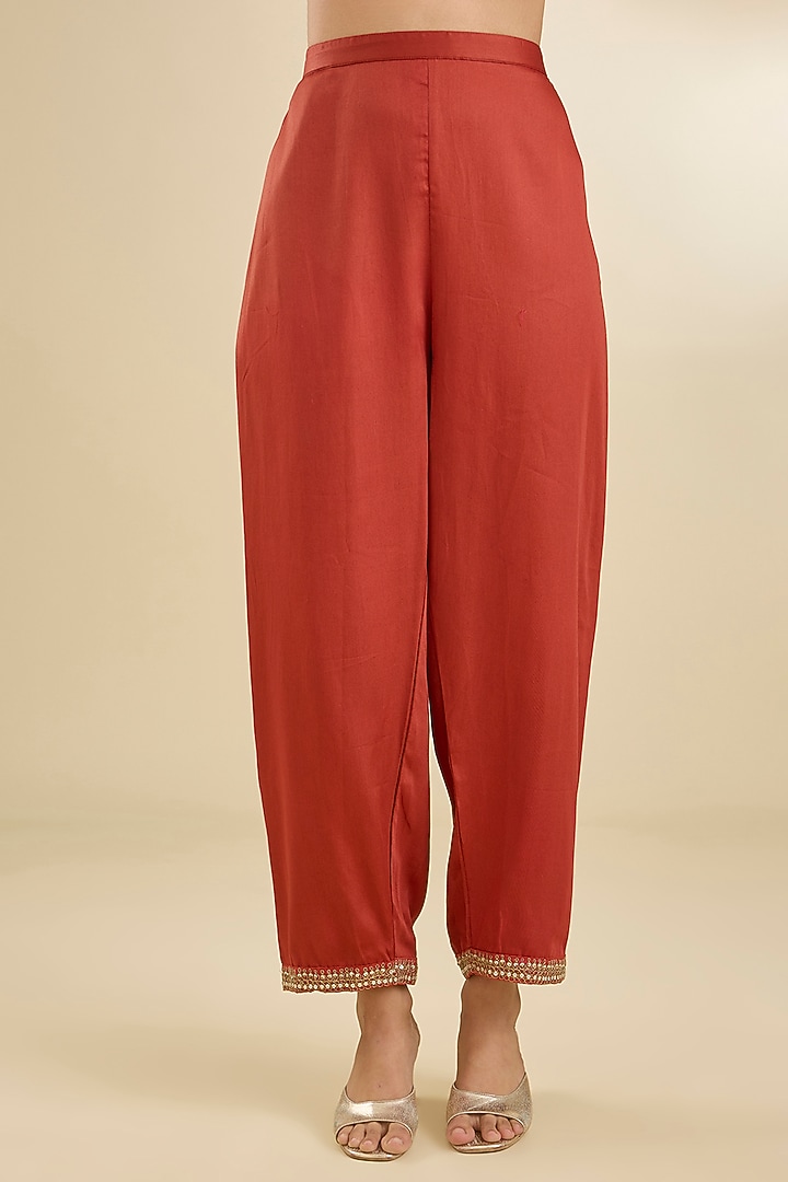 Rust Chanderi Silk Pearl & Zari Embroidered Kurta Set by Baidehi at Pernia's Pop Up Shop