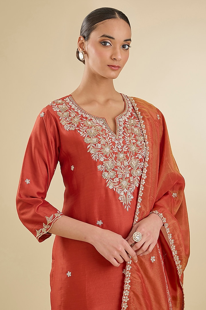 Rust Chanderi Silk Dabka & Sequins Embroidered Kurta Set by Baidehi at Pernia's Pop Up Shop
