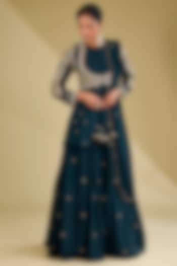 Navy Blue Dupion Silk Cutdana Embroidered Party Wear Anarkali Set by Baidehi at Pernia's Pop Up Shop