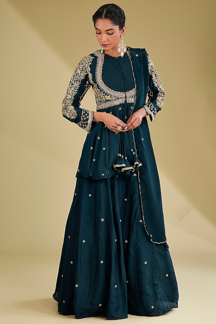 Navy Blue Dupion Silk Cutdana Embroidered Party Wear Anarkali Set by Baidehi at Pernia's Pop Up Shop