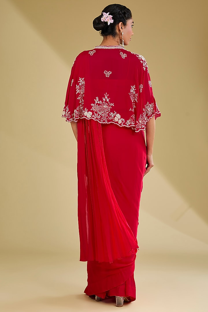 Tomato Red Chinon Georgette Cutdana Embroidered Pleated Stitched Party Wear Saree Set by Baidehi at Pernia's Pop Up Shop