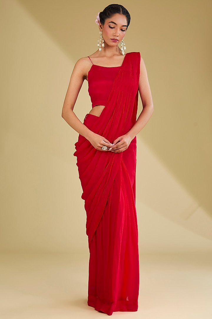 Tomato Red Chinon Georgette Cutdana Embroidered Pleated Stitched Party Wear Saree Set by Baidehi at Pernia's Pop Up Shop