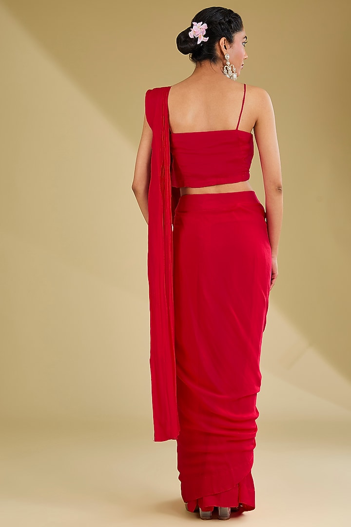 Tomato Red Chinon Georgette Cutdana Embroidered Pleated Stitched Party Wear Saree Set by Baidehi at Pernia's Pop Up Shop