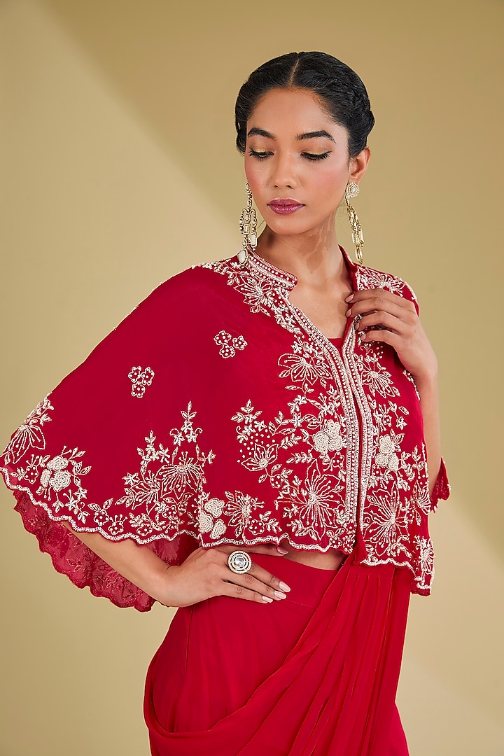 Tomato Red Chinon Georgette Cutdana Embroidered Pleated Stitched Party Wear Saree Set by Baidehi at Pernia's Pop Up Shop