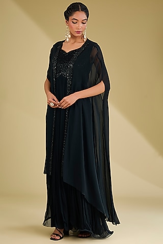 Black Georgette Sequins Embroidered Gown With Jacket by Baidehi