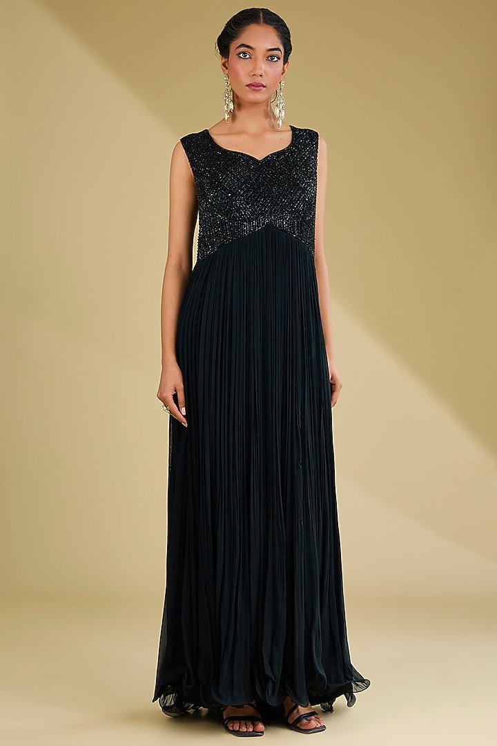 Black Georgette Sequins Embroidered Party Wear Gown With Jacket by Baidehi at Pernia's Pop Up Shop