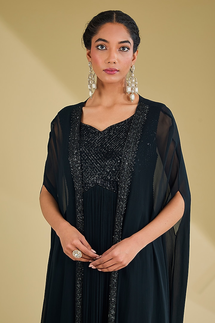 Black Georgette Sequins Embroidered Party Wear Gown With Jacket by Baidehi at Pernia's Pop Up Shop