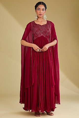 Red Georgette Sequins Embroidered Gown With Jacket by Baidehi