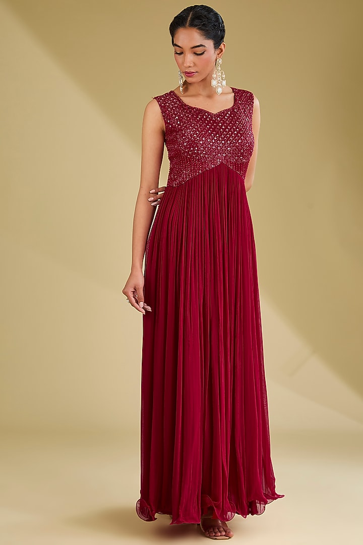 Red Georgette Sequins Embroidered Party Wear Gown With Jacket by Baidehi at Pernia's Pop Up Shop