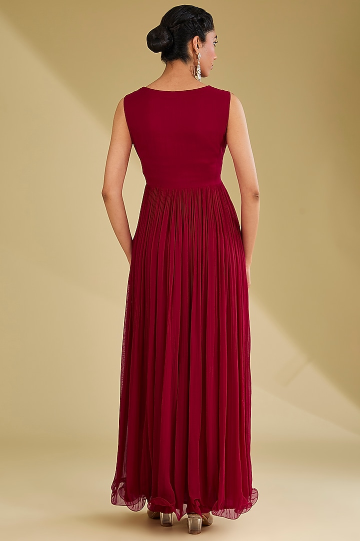 Red Georgette Sequins Embroidered Party Wear Gown With Jacket by Baidehi at Pernia's Pop Up Shop