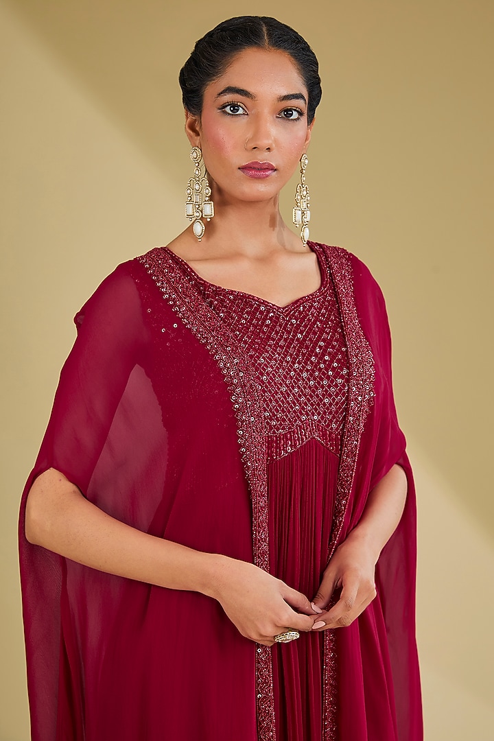 Red Georgette Sequins Embroidered Party Wear Gown With Jacket by Baidehi at Pernia's Pop Up Shop
