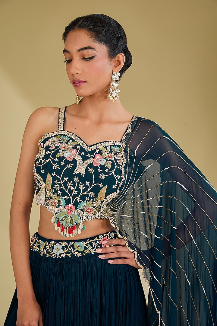 Blue Chinon Georgette Resham & Dabka Embroidered Wedding Lehenga Set by Baidehi at Pernia's Pop Up Shop