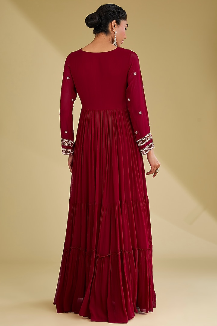 Red Georgette Resham & Dabka Embroidered Tiered Party Wear Anarkali by Baidehi at Pernia's Pop Up Shop