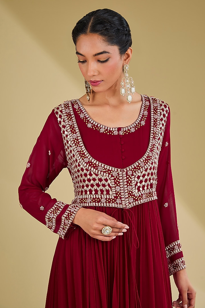 Red Georgette Resham & Dabka Embroidered Tiered Party Wear Anarkali by Baidehi at Pernia's Pop Up Shop