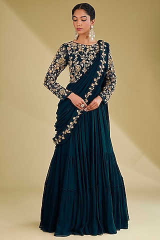 Navy Blue Georgette Sequins Embroidered Draped Gown Saree by Baidehi