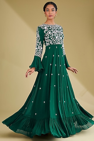 Bottle Green Georgette Floral Hand Embroidered Gown by Baidehi