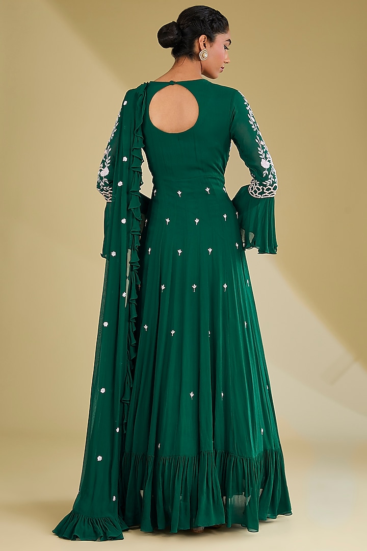 Bottle Green Georgette Floral Hand Embroidered Party Wear Gown by Baidehi at Pernia's Pop Up Shop