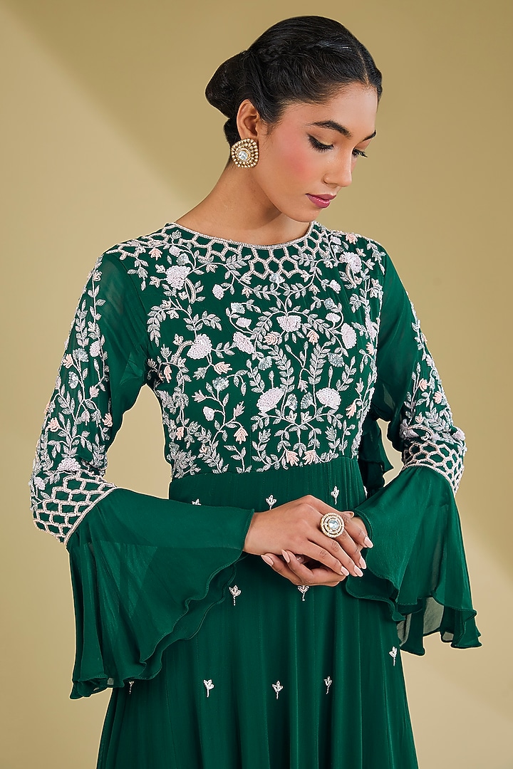 Bottle Green Georgette Floral Hand Embroidered Party Wear Gown by Baidehi at Pernia's Pop Up Shop