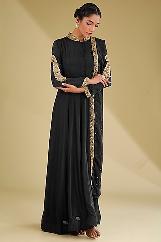Black Chinon Georgette Sequins Embroidered Anarkali Set by Baidehi