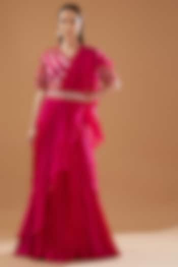 Fuchsia Crepe & Chinon Georgette Draped Wedding Lehenga Saree Set by Baidehi at Pernia's Pop Up Shop