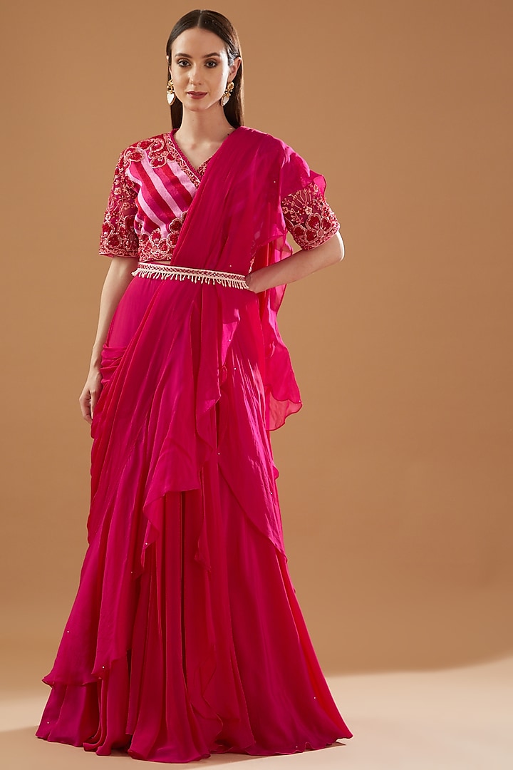 Fuchsia Crepe & Chinon Georgette Draped Wedding Lehenga Saree Set by Baidehi at Pernia's Pop Up Shop