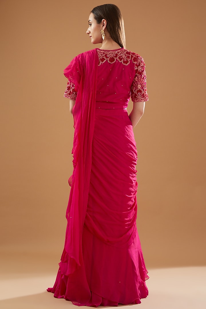 Fuchsia Crepe & Chinon Georgette Draped Wedding Lehenga Saree Set by Baidehi at Pernia's Pop Up Shop
