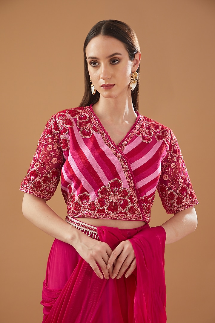 Fuchsia Crepe & Chinon Georgette Draped Wedding Lehenga Saree Set by Baidehi at Pernia's Pop Up Shop