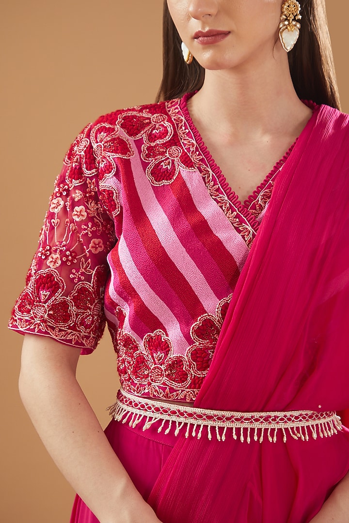 Fuchsia Crepe & Chinon Georgette Draped Wedding Lehenga Saree Set by Baidehi at Pernia's Pop Up Shop
