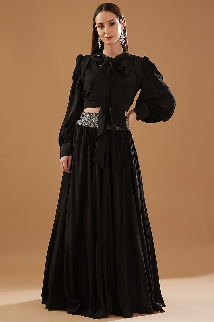Black Crepe Embroidered Skirt Set by Baidehi