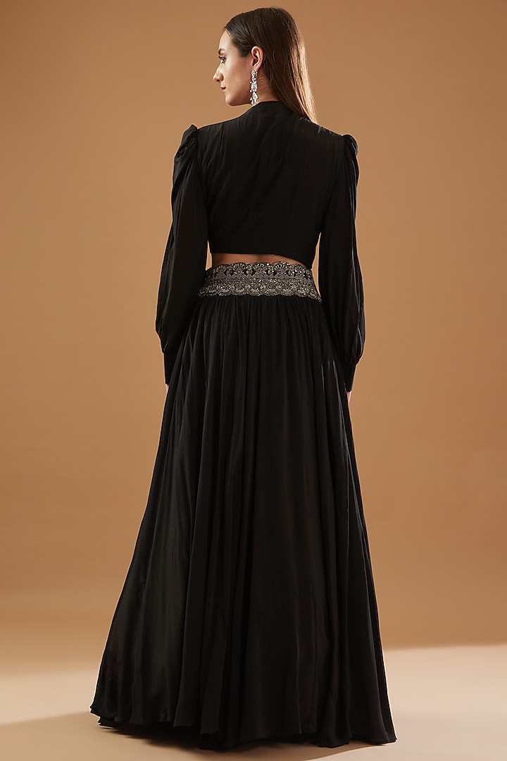 Black Crepe Embroidered Skirt Set by Baidehi at Pernia's Pop Up Shop
