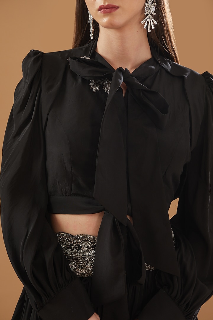 Black Crepe Embroidered Skirt Set by Baidehi at Pernia's Pop Up Shop