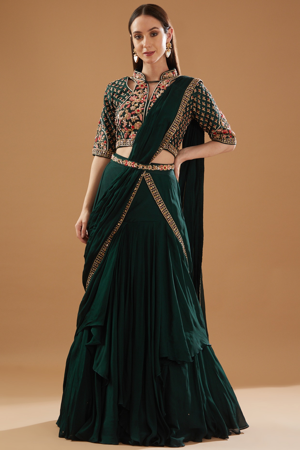 Sage Green Georgette & Net Embroidered Lehenga Saree Set Design by Rabani &  Rakha at Pernia's Pop Up Shop 2024