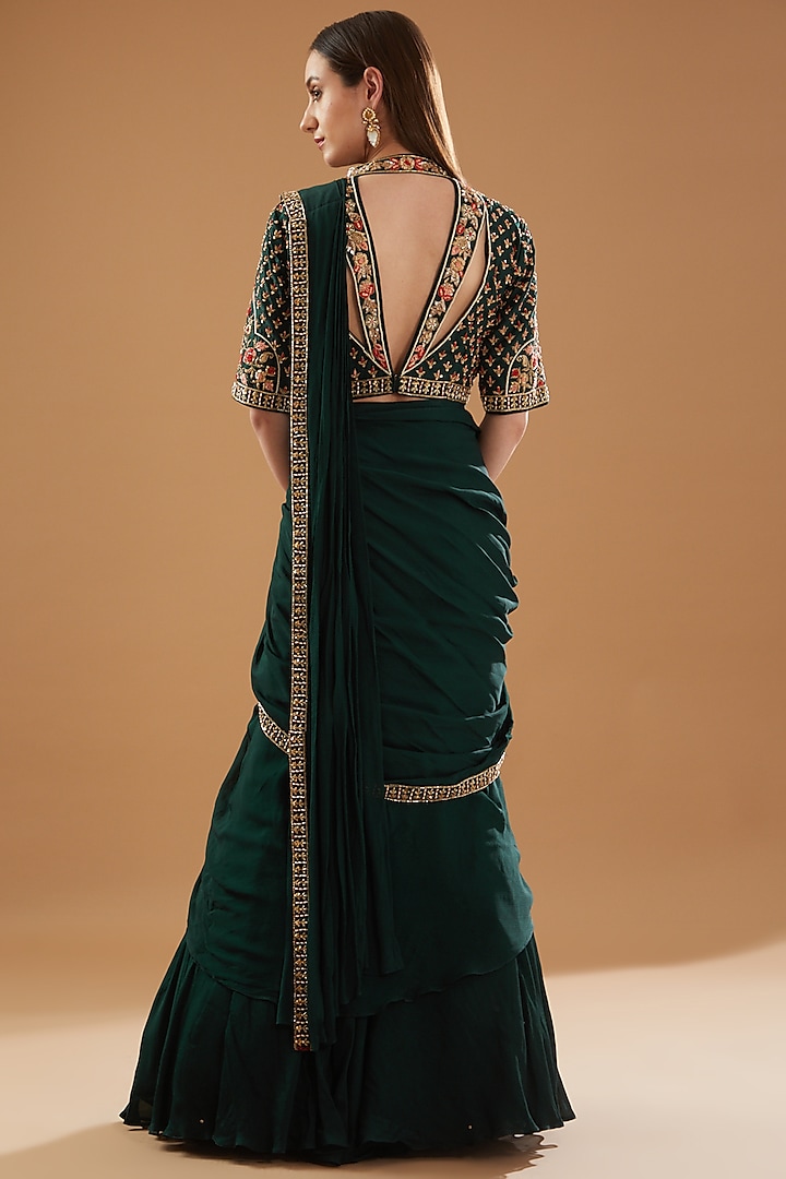 Bottle Green Chinon Georgette Draped Wedding Lehenga Saree Set by Baidehi at Pernia's Pop Up Shop