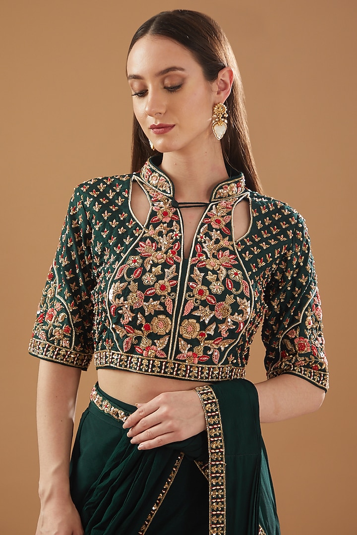 Bottle Green Chinon Georgette Draped Wedding Lehenga Saree Set by Baidehi at Pernia's Pop Up Shop