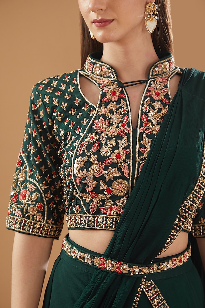 Bottle Green Chinon Georgette Draped Wedding Lehenga Saree Set by Baidehi at Pernia's Pop Up Shop