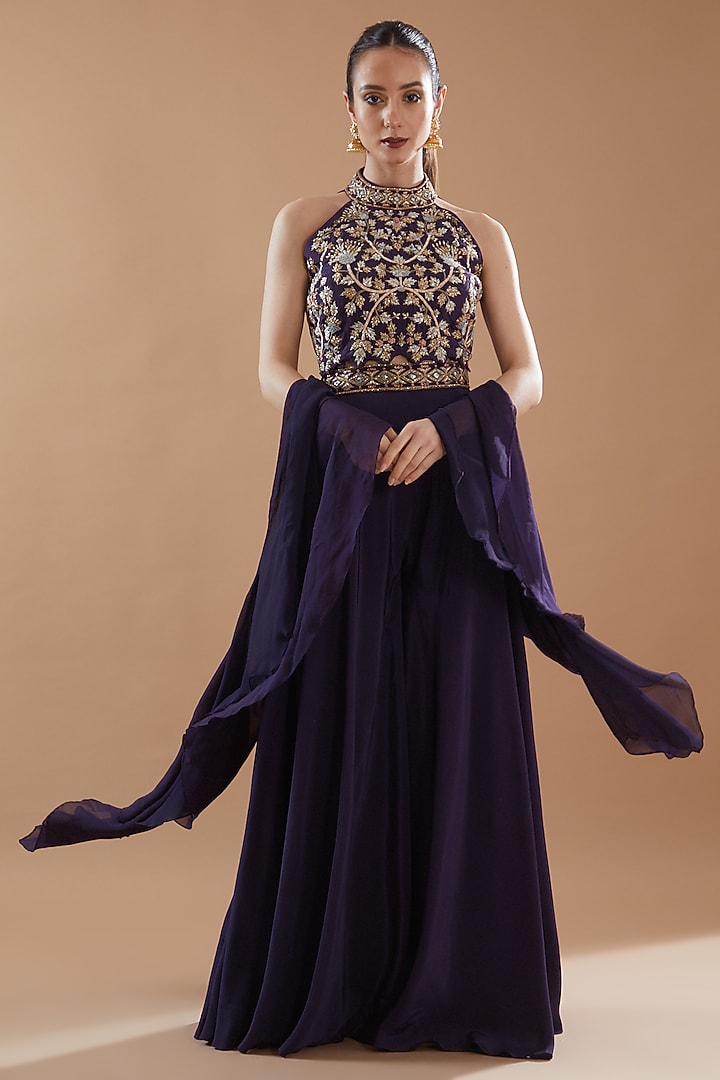 Purple Crepe Wedding Sharara Set by Baidehi at Pernia's Pop Up Shop